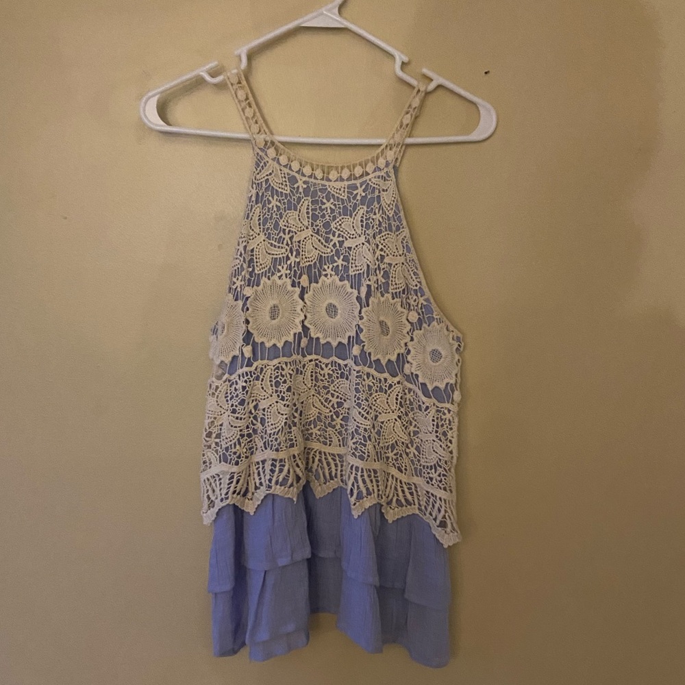 White lace & blue tank top